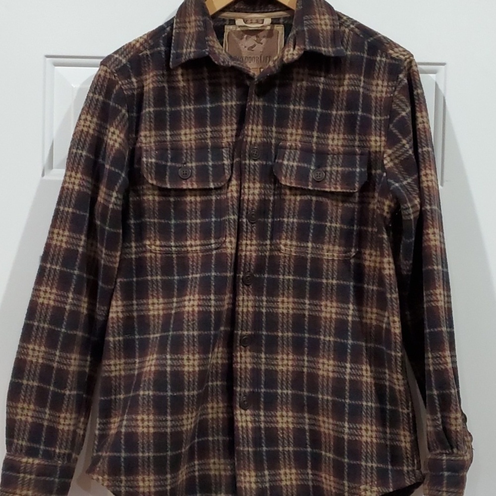 Outdoor life brown plaid fleece thick button down shirt Size Small 100 Poly